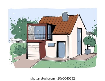 Country house exterior. Cottage facade sketch. Outside of village home building. Residential property in nature. Rural real estate architecture. Drawn vector illustration isolated on white background