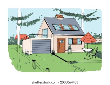 Country house exterior. Sketch of cottage home with lawn on backyard. Outdoor of rural building. Private residential property in village. Real estate architecture. Hand-drawn vector illustration