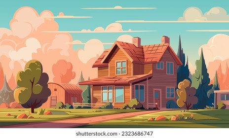 Country house. Farm in the countryside. Cottage among trees. Cartoon vector illustration.