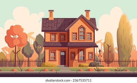 Country house. Farm in the countryside. Cottage among trees. Cartoon vector illustration.