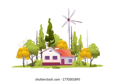 Country house, farm surrounded by trees annex garden summer illustration vector isolated on white background