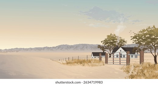 Country house in farmland in autumn have  mountain ranges far away and vanilla sky background graphic illustration.