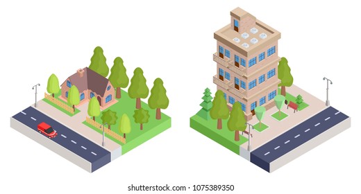 a country house with a fence and an apartment isometric house.vector stock image illustration