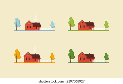 Country house with fence and trees change of seasons winter, spring, summer, autumn. Vector illustration in flat style