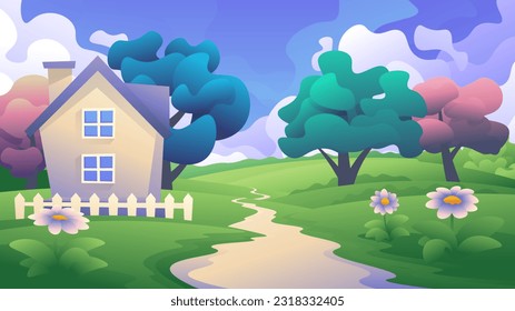 Country house with fence and yard in colorful cartoon style. Horizontal vector illustration of a village house.