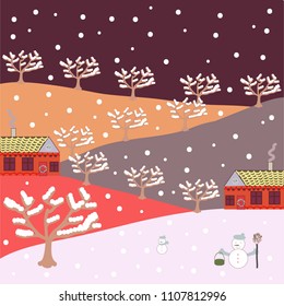 Of a country house in a flat style. Elementson a brown, neutral, white, orange and pink colors background. Vector illustration. Snowmans.
