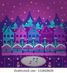 Of a country house in a flat style. Elementson a blue, green and white colors background. Vector illustration.