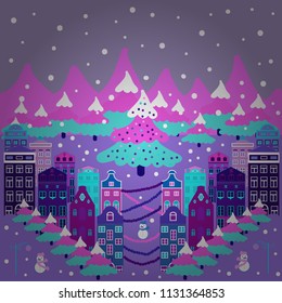 Of a country house in a flat style. Elementson a violet, neutral, blue and white colors background. Vector illustration.