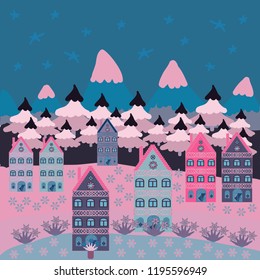 Of a country house in a flat style. Elementson a blue, neutral and pink colors background. Vector illustration.
