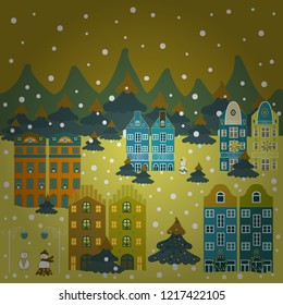 Of a country house in a flat style. Elementson a green, yellow and blue colors background. Vector illustration.