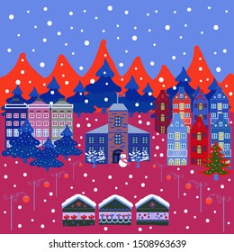 Of a country house in a flat style. Elementson a red, pink and blue colors background. Vector illustration.
