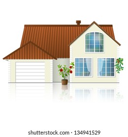 country house with flowers and a reflection