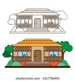 Country house in the forest or in the countryside. Cottage among trees in cartoon style. Flat line style. Vector illustration.