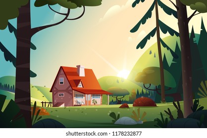 Country House In The Forest. Farm In The Countryside. Cottage Among Trees. Cartoon Vector Illustration.