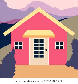 Country house in the forest. Farm in the countryside. Cottage among trees. Cartoon vector illustration.
