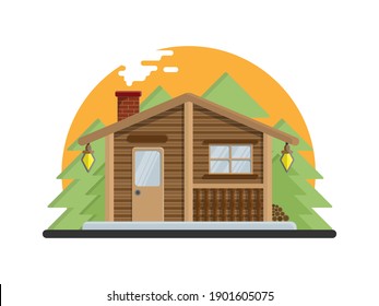 Country house in the forest. Farm in the countryside. Cottage among trees. Cartoon vector illustration.