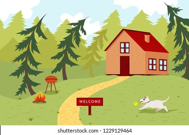 Country house in the forest in sunny day. Vector illustration for greeting card. Dog bull terrier runs and plays with ball in yard. Barbecue and bonfire for cooking - seasonal family holiday