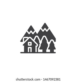 Country house in the forest vector icon. filled flat sign for mobile concept and web design. Cottage home with trees and mountains glyph icon. Symbol, logo illustration. Vector graphics