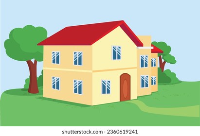 Country house in the forest.Cottage among trees. Cartoon vector illustration.