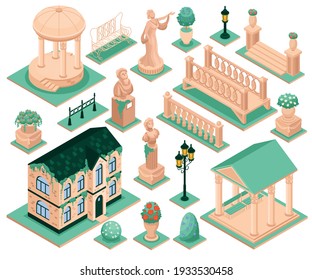 Country house garden elements set with sculpture isolated vector illustration