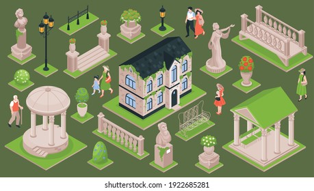 Country house garden set with fence bench and sculpture isolated vector illustration