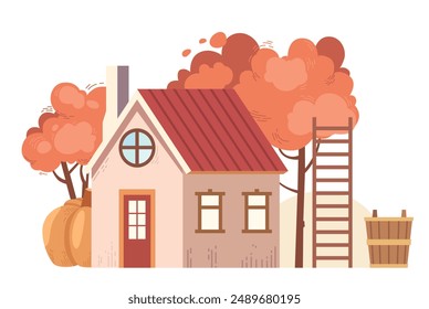 Country house with garden trees - vector illustration. Cute farm house exterior with apple trees, pumpkin crop and ladder for harvesting. Autumn season