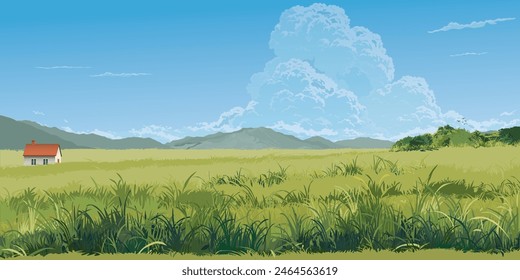 Country house in glass fields landscape with mountain range flat design graphic illustration.