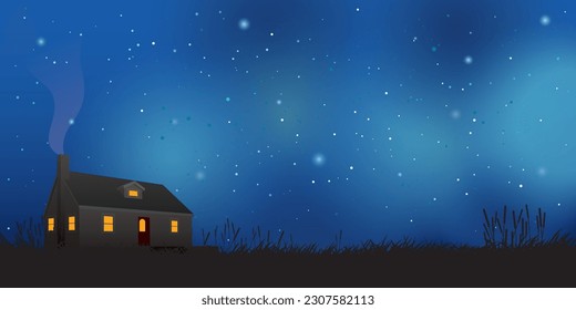 Country house and grass field silhouette with night sky and a lot of stars background. Rural landscape with house at night vector illustration have blank space.