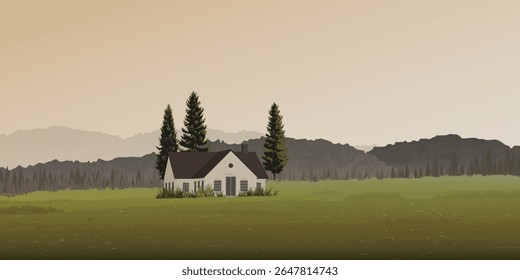 Country house at grass hill with silhouette pine forest and mountain ranges far away have vanilla sky background graphic illustration.