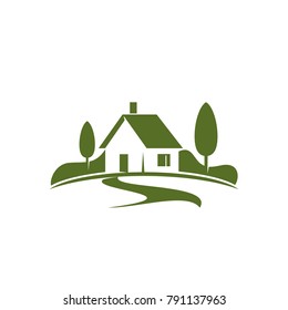 Country House Or Green Home Icon For Real Estate Agency Or Ecology Home Concept. Vector Isolated Symbol Of Farm House In Green Forest Or Woodlands Park For Landscape Designing Company