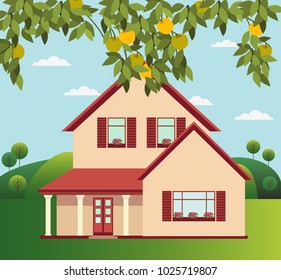 Country house with green landscape background