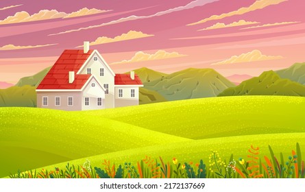 Country house, huge cottage, construction in nature landscape. Building holiday residence pleasant to live and relax. Family house suburban residence. Modern structure dacha at sunny summer day