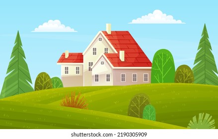 Country house, huge cottage, construction in nature landscape. Building holiday residence pleasant to live and relax. Family house suburban residence. Modern structure dacha at sunny summer day