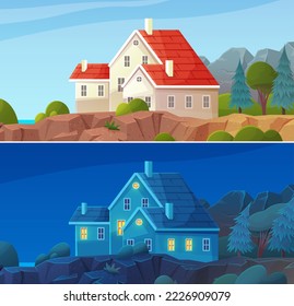 Country house, huge cottage, construction in nature landscape. Building holiday residence pleasant to live and relax. Family house suburban residence. Modern structure at sunny day and night