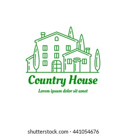 Country house icon design. ?ountryside villa logo template. Line art illustration. EPS 10 vector. Isolated on white. 