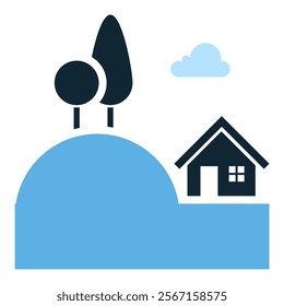 Country House Icon, Scenic Rural Living Illustration Featuring House on Hill, Trees, and Cloud in Minimalist Design, Perfect for Real Estate, Tourism, Nature Themes, and Architecture Projects