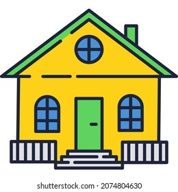Country house icon. Vector home building logo. Cottage in village. Flat property exterior construction. Family eco residence for rest and recreation. Rural apartment or dacha