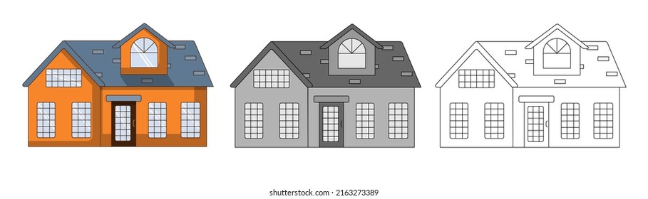Country house illustration set cartoon style. Building exterior of country house. Cute houses design