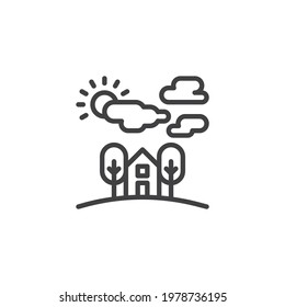 Country house landscape line icon. linear style sign for mobile concept and web design. Home with trees clouds outline vector icon. Symbol, logo illustration. Vector graphics