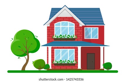 Country house with landscaping and flowers on the windows in a cartoon style. Vector illustration