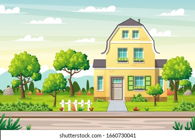 Country house with large garden on a street in summer. Concept for real estate, architecture, advertising, web backgrounds. Vector Illustrations with separate layers. 