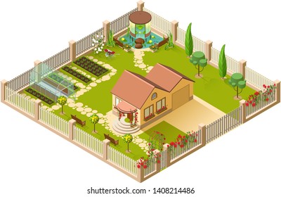 Casa de campo y gran jardín con pérgola, invernadero y flores. Ilustración isométrica 3d. Vector aislado en blanco