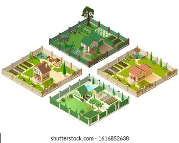 Country house and large garden. Set of 3d cottage isometric illustration. Isolated on white vector cartoon illustration