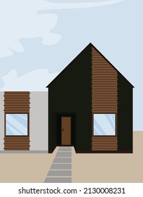 A country house with large windows, a door and a stone path. Vector flat image of a green-gray cottage. Design for postcards, posters, textiles, templates, backgrounds.