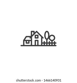 Country House Line Icon. Linear Style Sign For Mobile Concept And Web Design. Home With Trees And Fence Outline Vector Icon. Real Estate Symbol, Logo Illustration. Vector Graphics