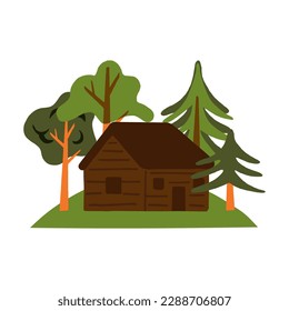 A country house in a meadow surrounded by trees, pines, and spruces. Rural landscape with a forester cottage in the woods. Vector hand-drawn nature scene illustration with a farmhouse.