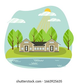 Country house. Modern flat cottage, front view. Concept acquisition or construction of real estate objects, renting a tourist home. Vector illustration