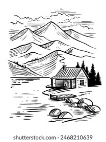 Country house in mountains. Cabin hand drawing