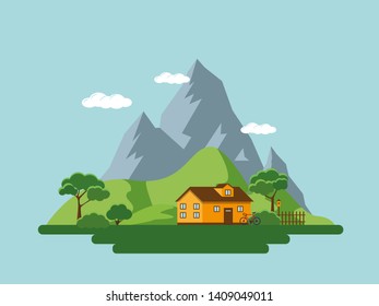 Country house in mountains. Summer landscape vector illustraction.
