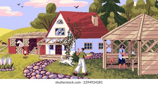 Landhaus in der Natur. Familie im Hof auf dem Land im Sommer. Dorflandschaft mit Bäumen, grünem Gras, Bauernhof, Menschen, Hund. Ländlicher Lebensstil, Kernkonzept. Flache Vektorgrafik